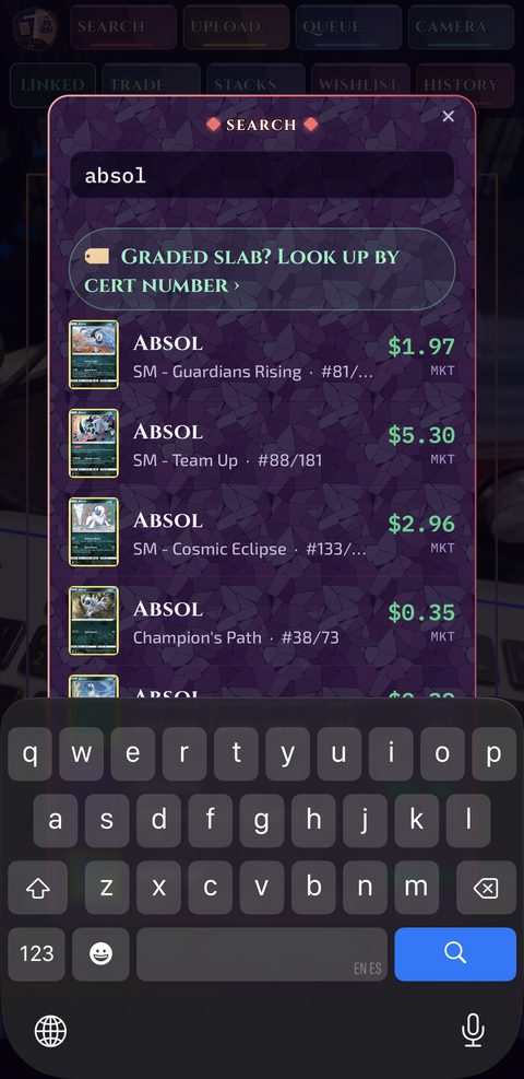 App search for absol — five Absol printings with market prices