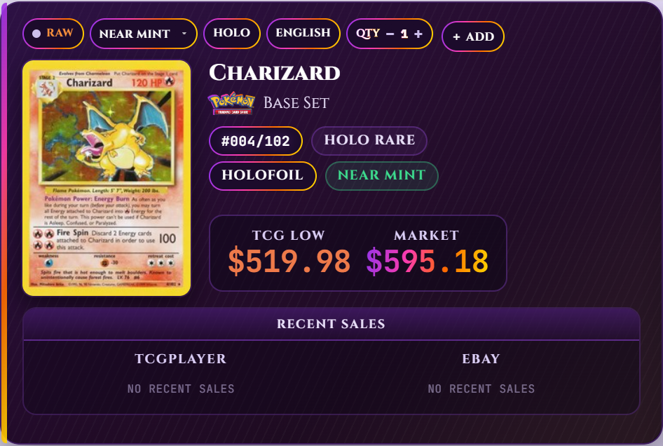 card-prices.com results panel for a Base Set Charizard — exact variant, condition, TCGplayer low and market price